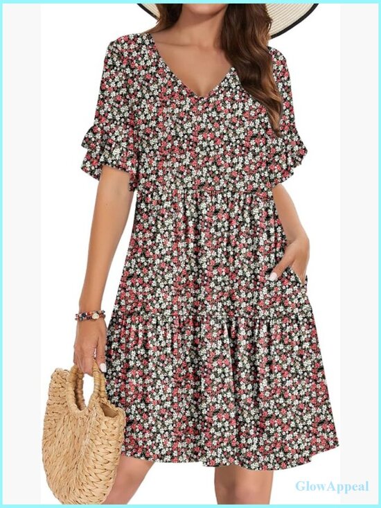 Dresses & Skirts - Loose V Neck Ruffle Tiered Flowy A Line Mini Beach Dress with Pockets
